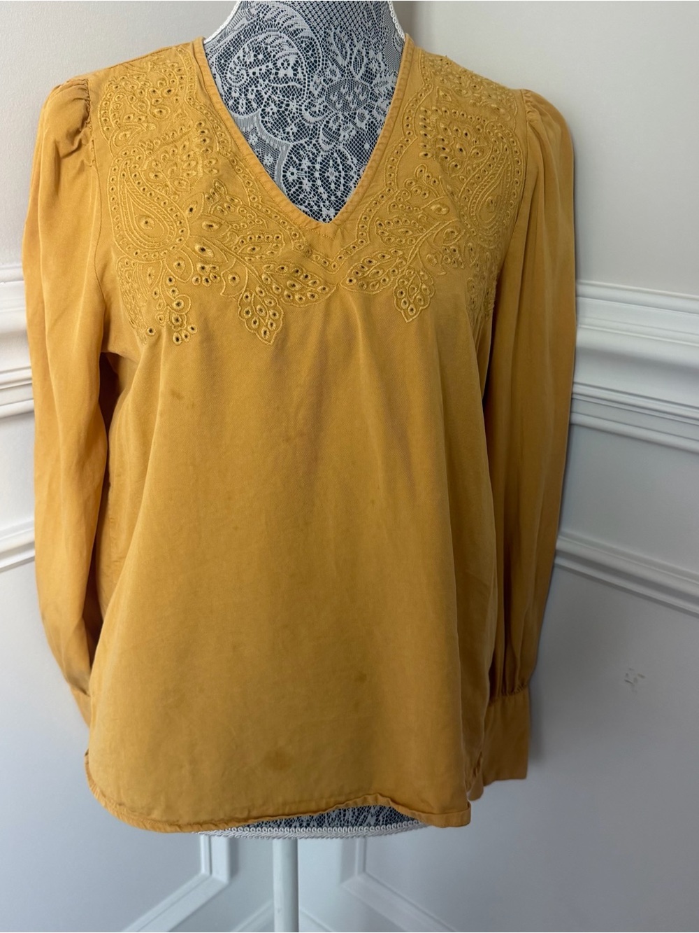 Joie Womens Mustard Yellow Eyelet Long Sleeve Blouse Size s